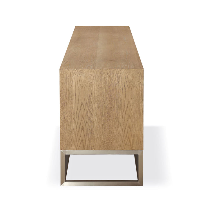 One Coastal Modern 74 inch TV Console in Brushed Stainless Steel and Bisque