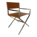 One Modern Coastal Director's Dining Arm Chair in Cognac and Brushed Stainless Steel