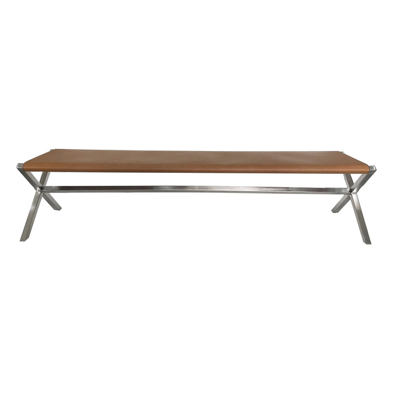 One Modern Coastal Director's Style Leather Dining Bench in Cognac and Brushed Stainless Steel