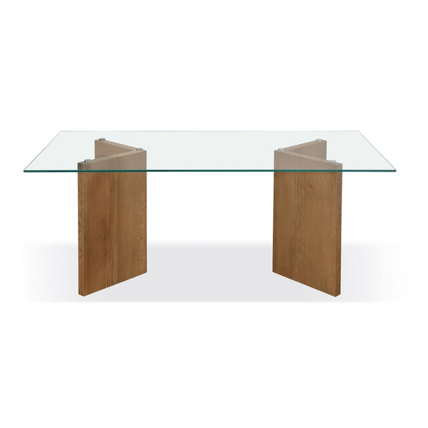 One Modern Coastal Glass Top Dining Table in White Oak