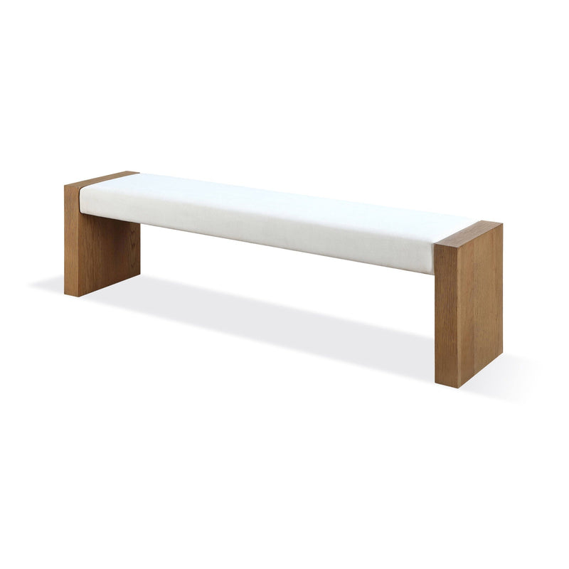 One Modern Coastal Slab Leg Upholstered Dining Bench in White Oak and White Pearl