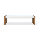 One Modern Coastal Slab Leg Upholstered Dining Bench in White Oak and White Pearl