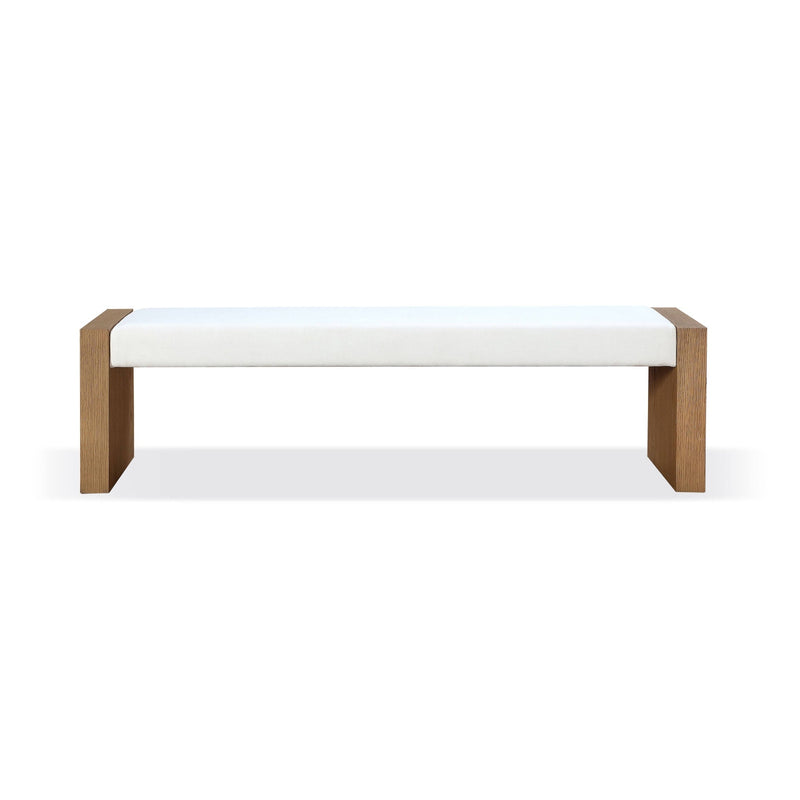 One Modern Coastal Slab Leg Upholstered Dining Bench in White Oak and White Pearl
