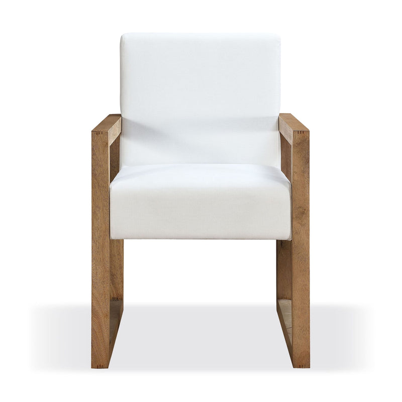 One Modern Coastal Sled Leg Upholstered Dining Arm Chair in White Pearl and Bisque