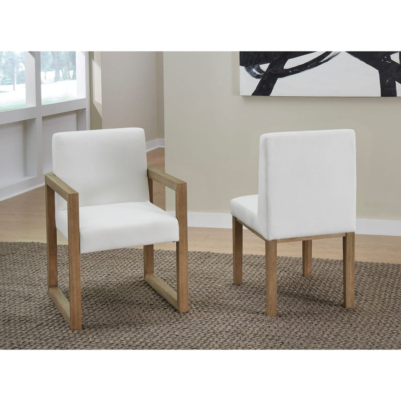 One Modern Coastal Sled Leg Upholstered Dining Arm Chair in White Pearl and Bisque