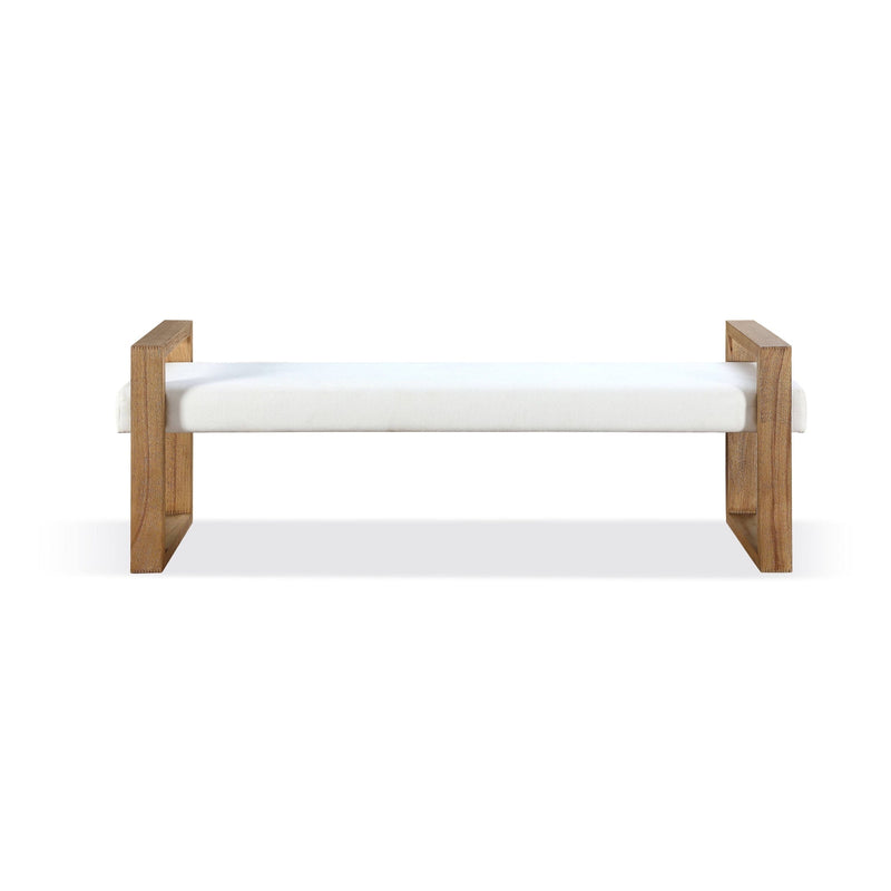 One Modern Coastal Sled Leg Upholstered Dining Bench in White Pearl and Bisque