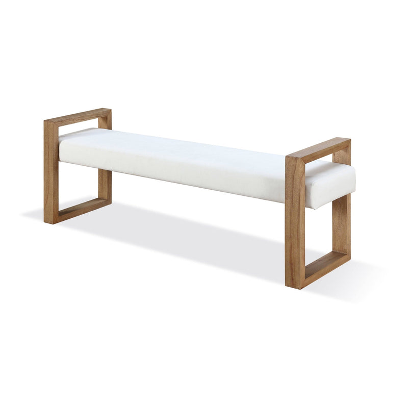 One Modern Coastal Sled Leg Upholstered Dining Bench in White Pearl and Bisque