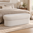 Andrea Cream 50-inch performance velvet storage bench in a bedroom — AI-styled setting
