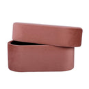 Andrea Salmon 31-inch performance velvet storage bench — front view with removable lid raised