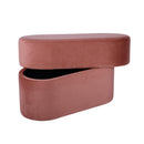 Andrea Salmon 31-inch performance velvet storage bench — angled view with removable lid raised