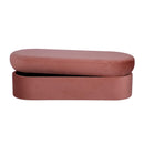 Andrea Salmon 50-inch performance velvet storage bench — front view with storage lid open