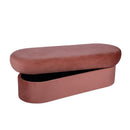 Andrea Salmon 50-inch performance velvet storage bench — angled view with storage lid open