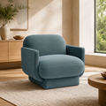 Azalea powder blue performance velvet accent chair in a warm contemporary living room