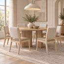 Bondi 62-inch round acacia dining table styled with six Zinnia upholstered dining chairs