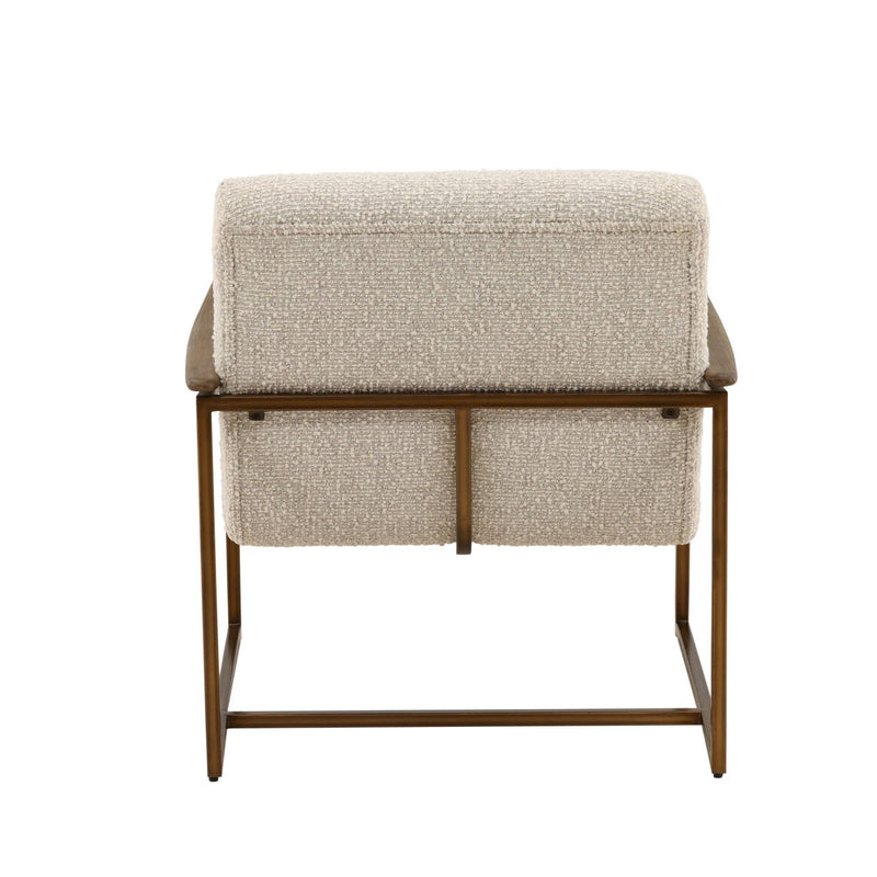 Beige upholstered chair with wooden frame on a white background