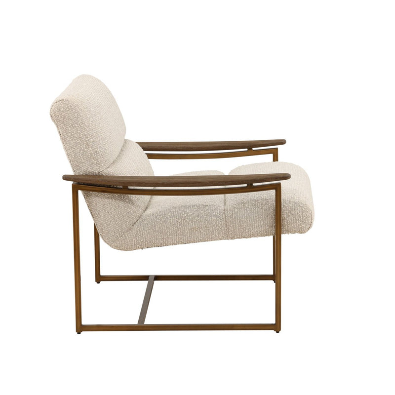 Beige armchair with wooden frame on a white background