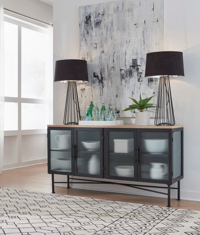 Aere Four Door Ribbed Glass Sideboard in Natural Ash and Black