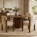 Irma taupe performance velvet dining chairs in a warm contemporary dining room
