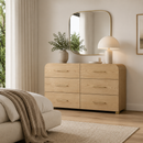 Marissa 62" Ash 6-Drawer Dresser styled in a warm contemporary bedroom