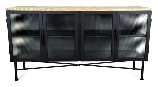 Aere Four Door Ribbed Glass, Metal and Wood Sideboard in Natural Ash and Black