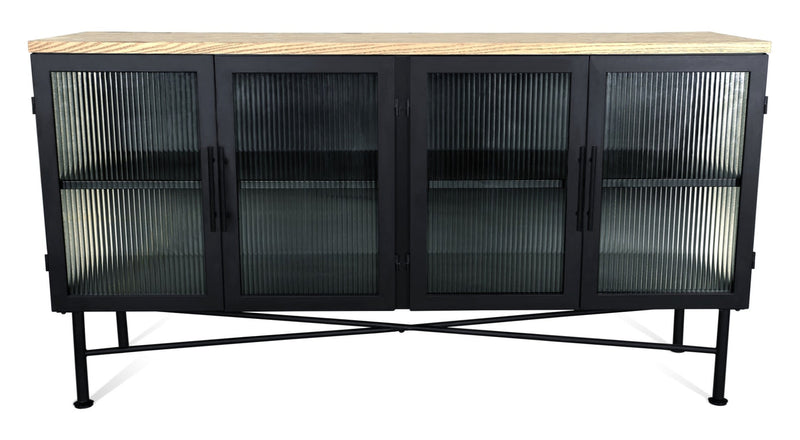Aere Four Door Ribbed Glass Sideboard in Natural Ash and Black
