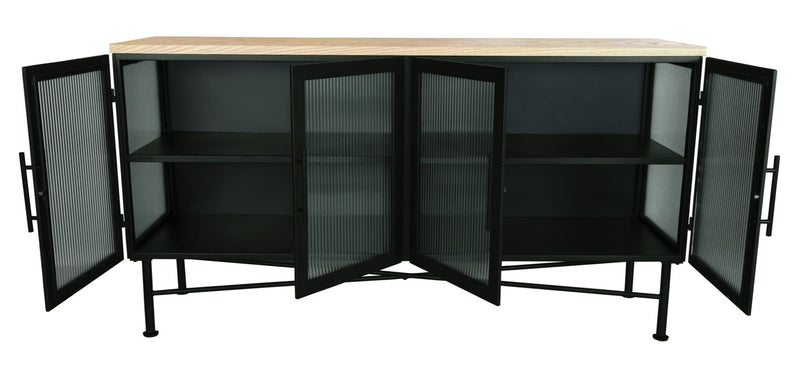 Aere Four Door Ribbed Glass Sideboard in Natural Ash and Black