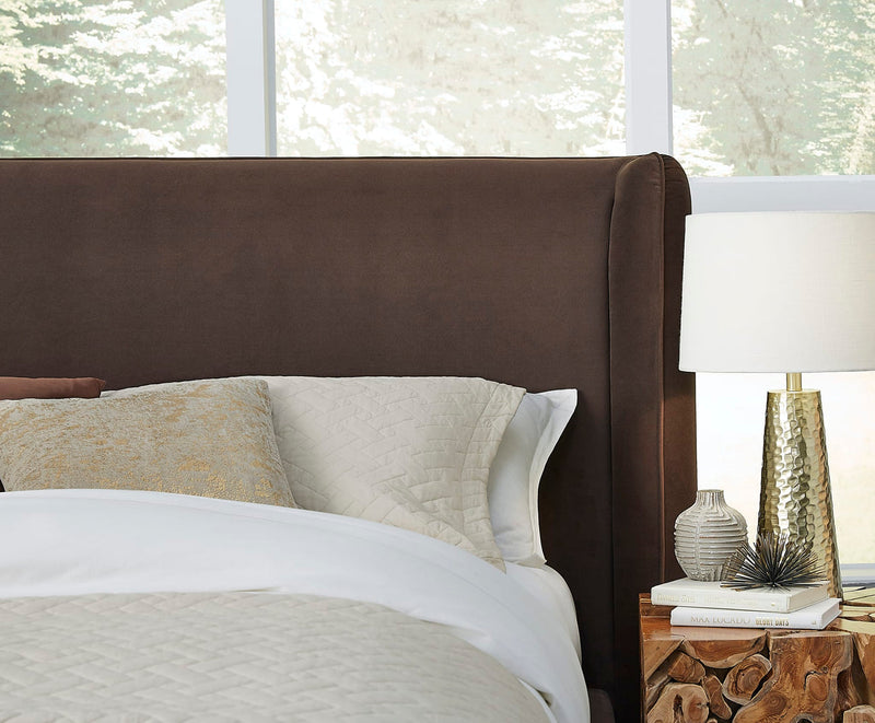 Bacall Velvet Upholstered Wingback Platform Bed in Cola