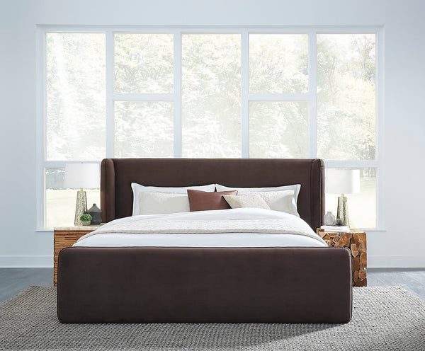 Bacall Velvet Upholstered Wingback Platform Bed in Cola