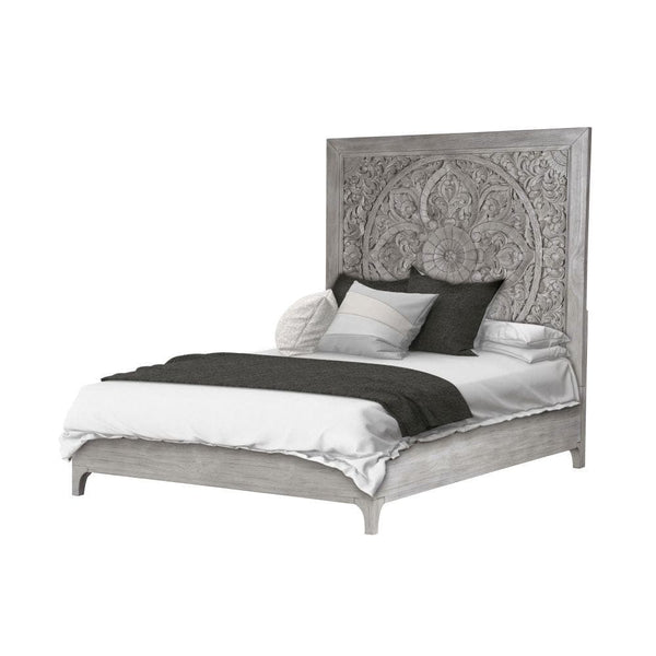 Boho Chic Carved Platform Bed in Washed White