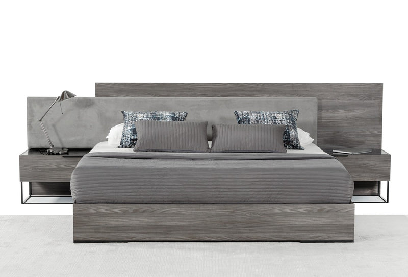 Nova Domus Enzo Italian Modern Grey Oak & Fabric Bed w/ Nightstands