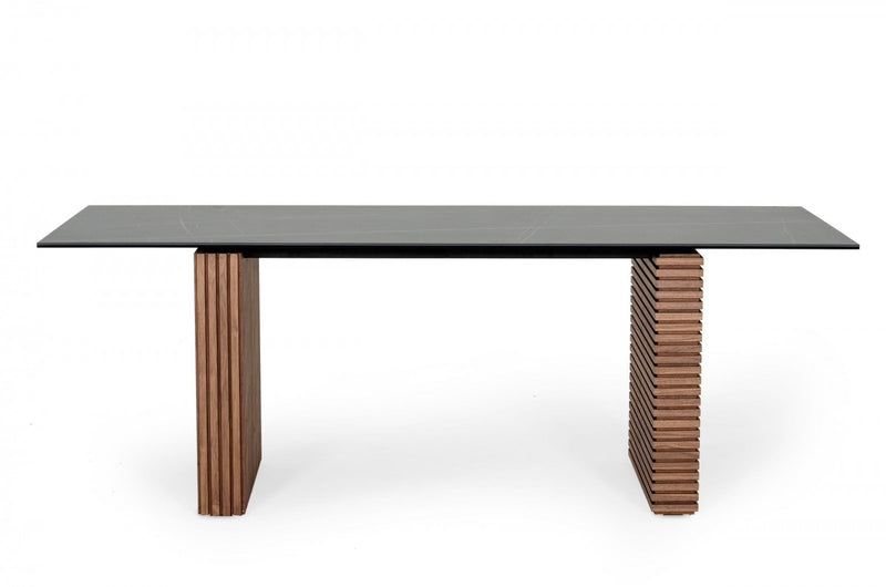 Modrest Maggie - Modern Walnut and Black Ceramic Top Dining Table