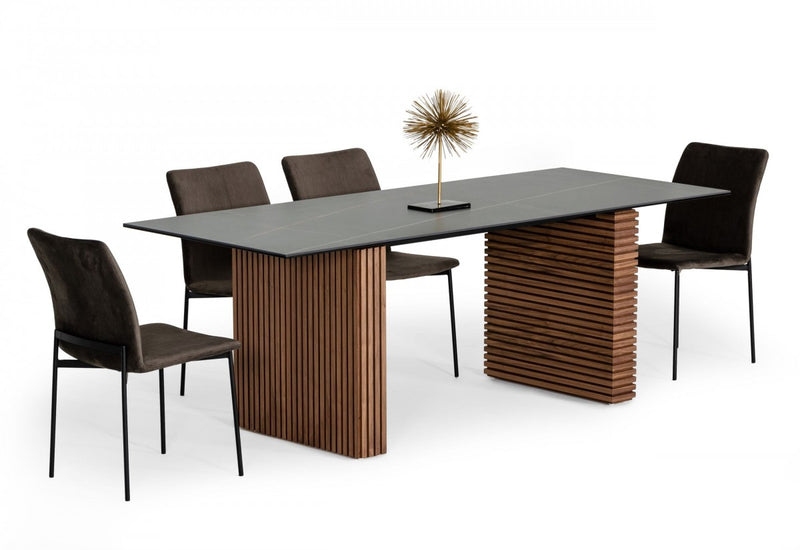 Modrest Maggie - Modern Walnut and Black Ceramic Top Dining Table