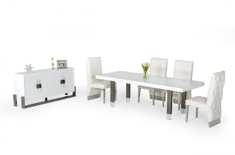 Modrest Lenny- Modern White High Gloss & Stainless Steel Gun Metal Dining Table