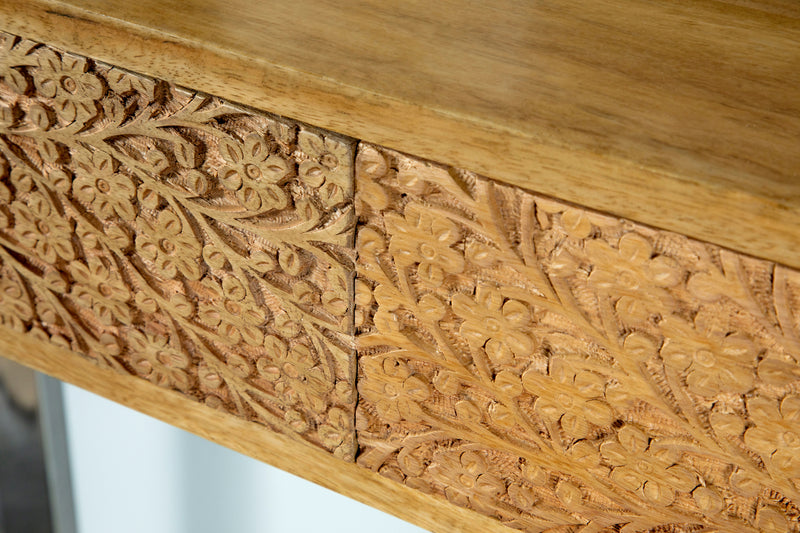 Draco Console Table with Hand Carved Drawers Natural