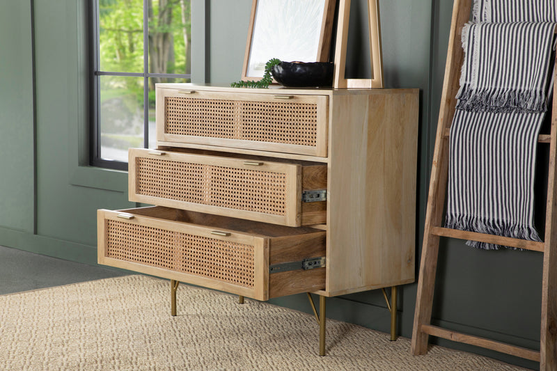 Zamora 3-Drawer Accent Cabinet Natural And Antique Brass