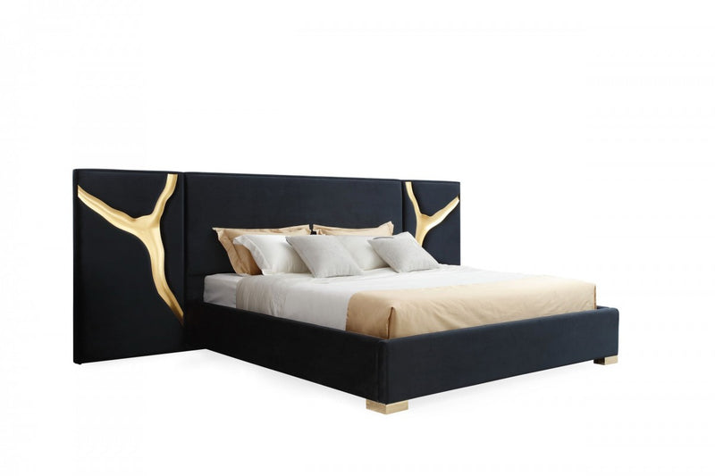 Modrest Aspen - Eastern King Glam Black Velvet & Gold Bed
