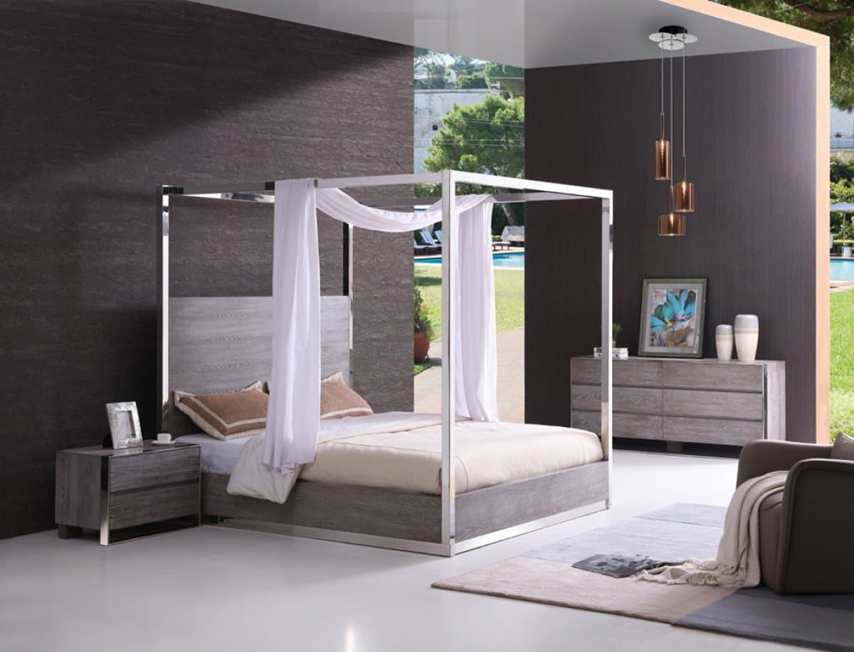 Modrest Arlene Modern Grey Elm & Stainless Steel Canopy Bed