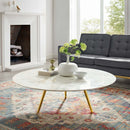 Lippa 47" Round Artificial Marble Coffee Table with Tripod Base in Gold White