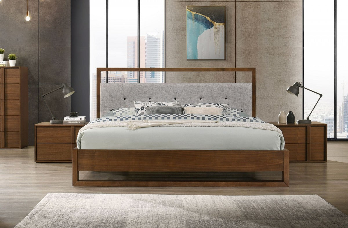 Nova Domus Falcor - Modern Grey Fabric & Walnut Veneer Bed