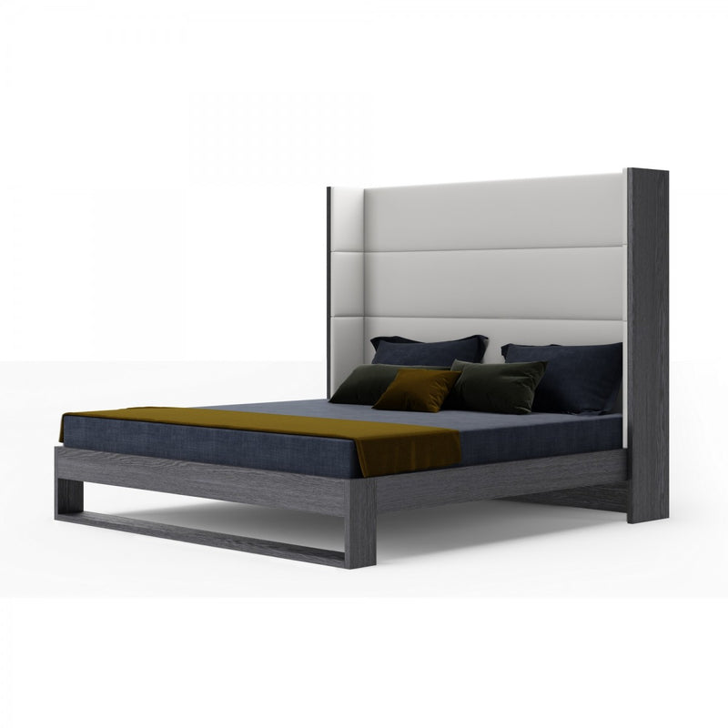 Modrest Heloise - Contemporary White Leather & Grey Elm Trim Bed