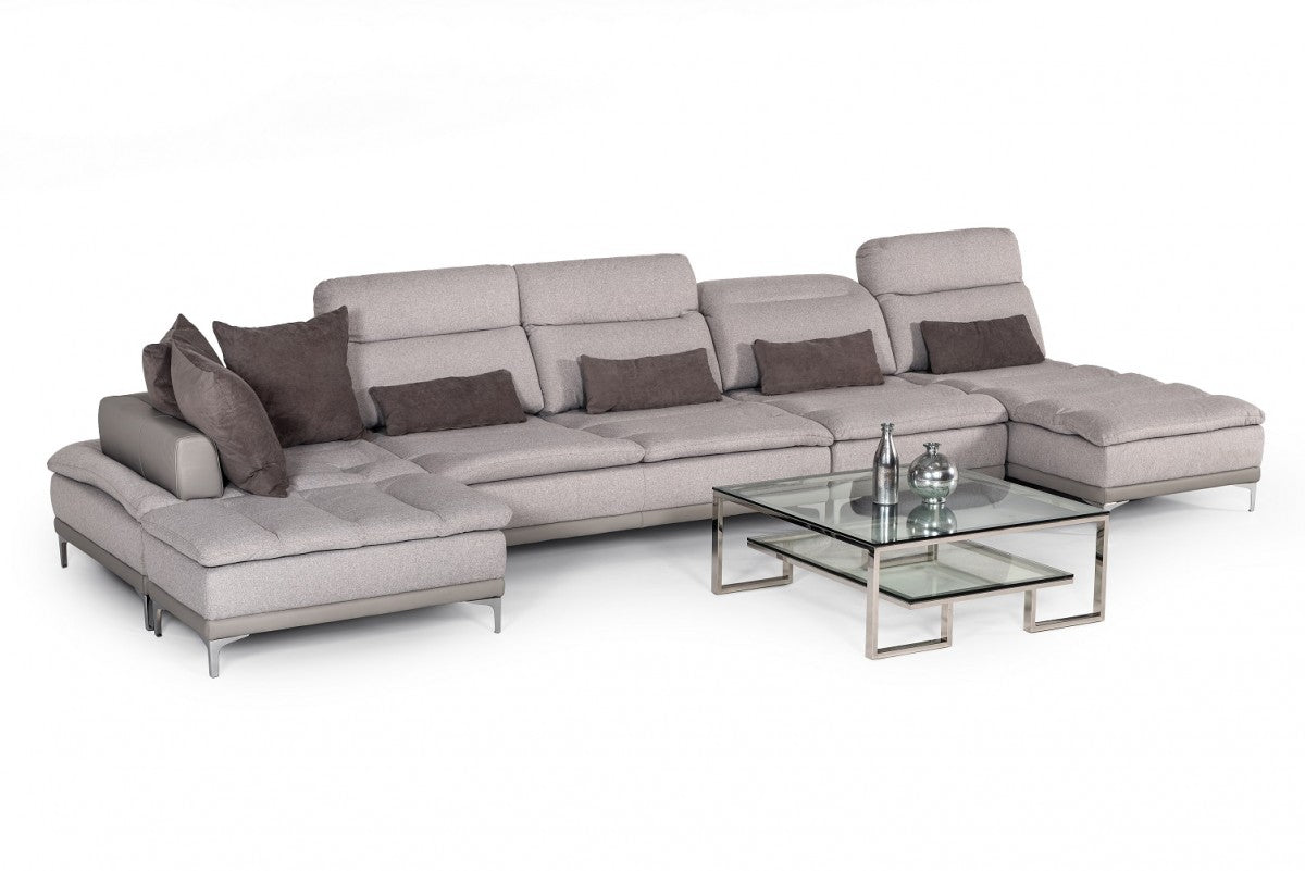 David Ferrari Horizon - Modern Grey Fabric + Grey Leather U Shaped Sectional Sofa  by Hollywood Glam