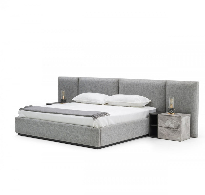 Nova Domus Maranello - Modern Grey Fabric Bed w/ Two Nightstands