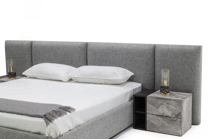 Nova Domus Maranello - Modern Grey Fabric Bed w/ Two Nightstands