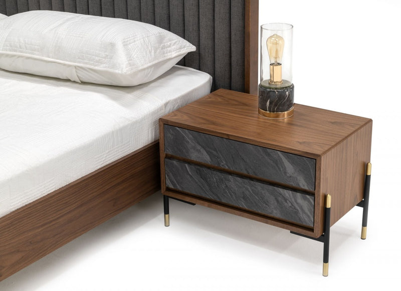 Nova Domus Metcalf - Mid-Century Walnut & Grey Bed w/ Two Nightstands