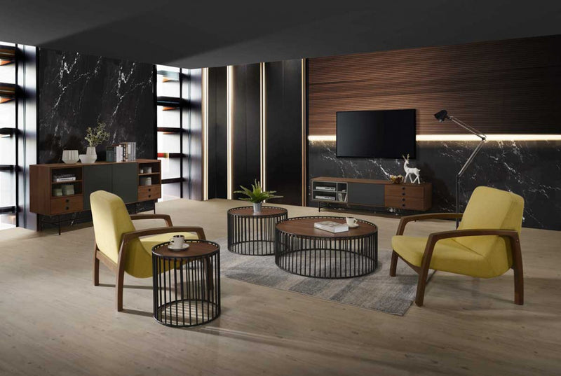 Modrest Bronson Modern Walnut & Black Round Coffee Table