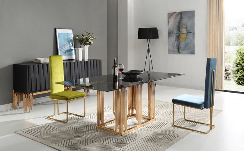 Modrest Token Modern Smoked Grey Glass & Rosegold Dining Table