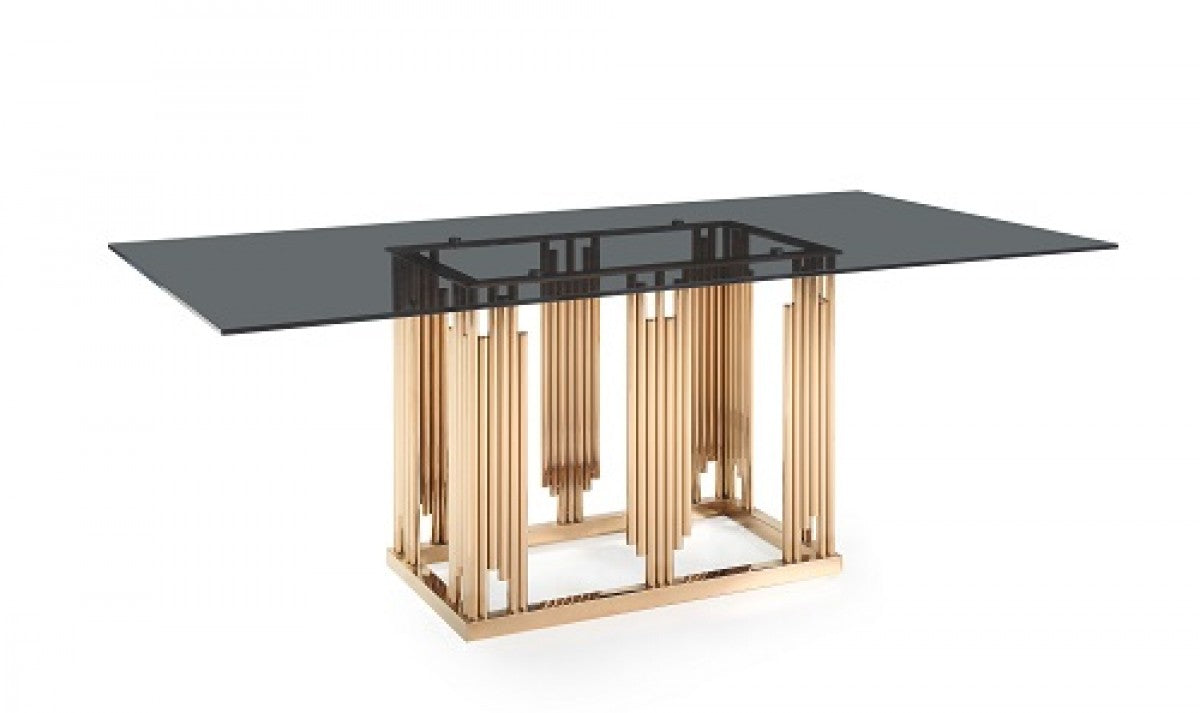 Modrest Token Modern Smoked Grey Glass & Rosegold Dining Table